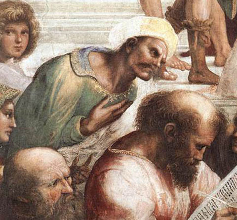 Rafael Skolen i Athen - Ibn Rushd kigger over skulderen på 